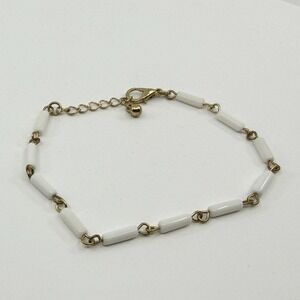 Y2K Minimalist White Tube Bead Bracelet Gold Tone Chain Stackable Accessory 90s